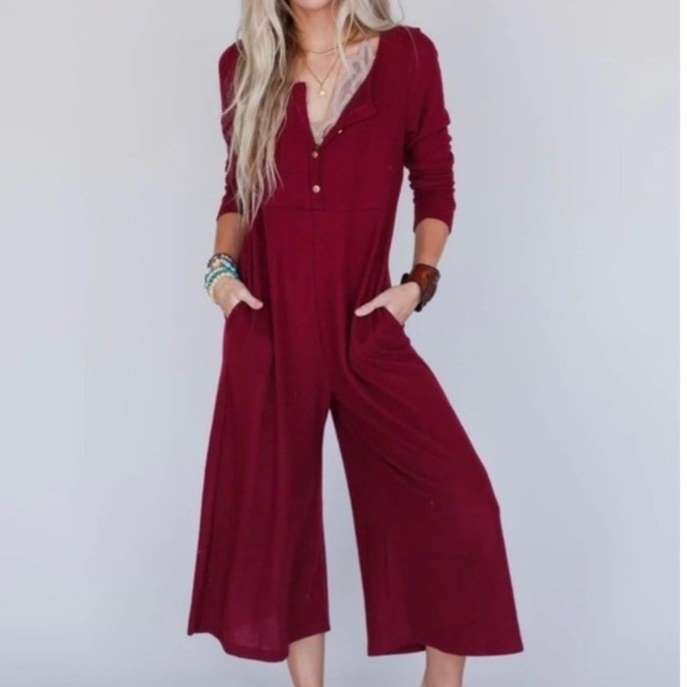 Three Bird Nest Long Sleeve Henley Wide Leg Maxi Jumpsuit Burgundy Medium